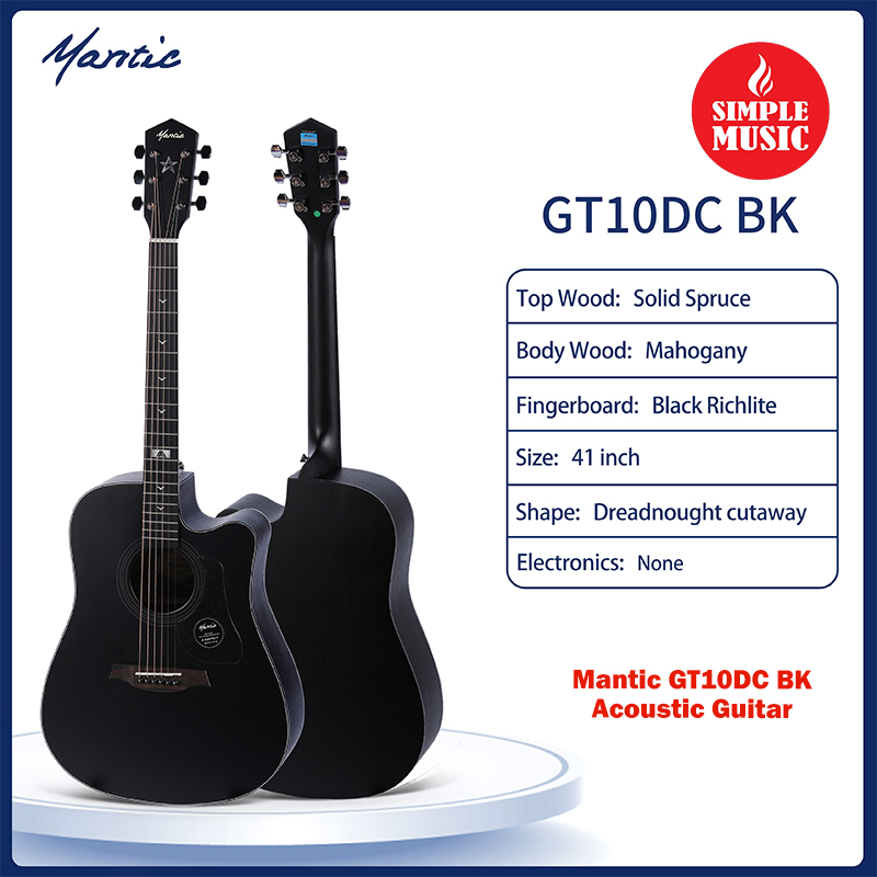 Mantic GT-10DCBK 41 Dreadnaught Cutaway Black Acoustic Guitar(Solid Top)